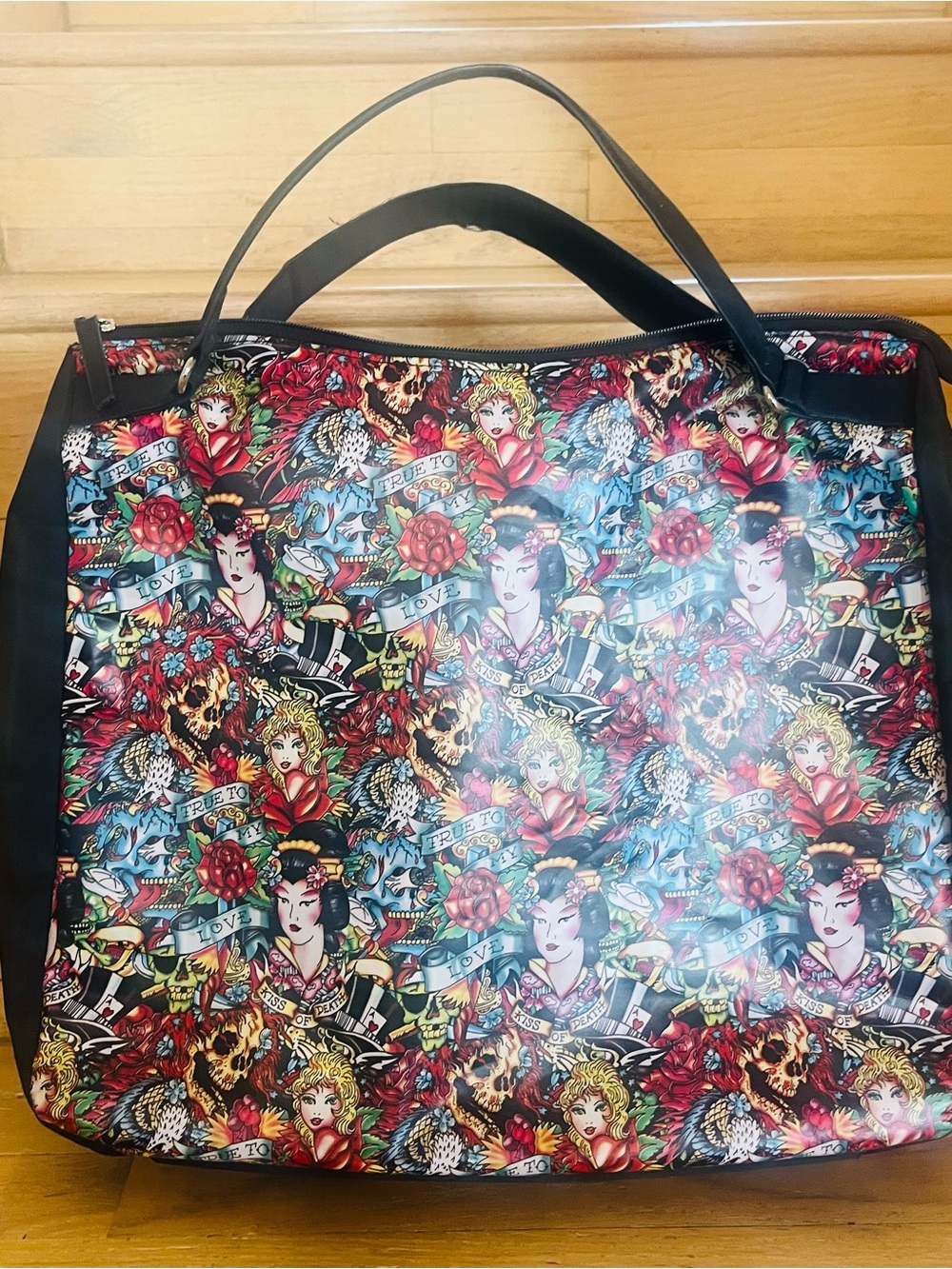 Ed Hardy Multicolored Tattoo-Print Tote with Black Handles